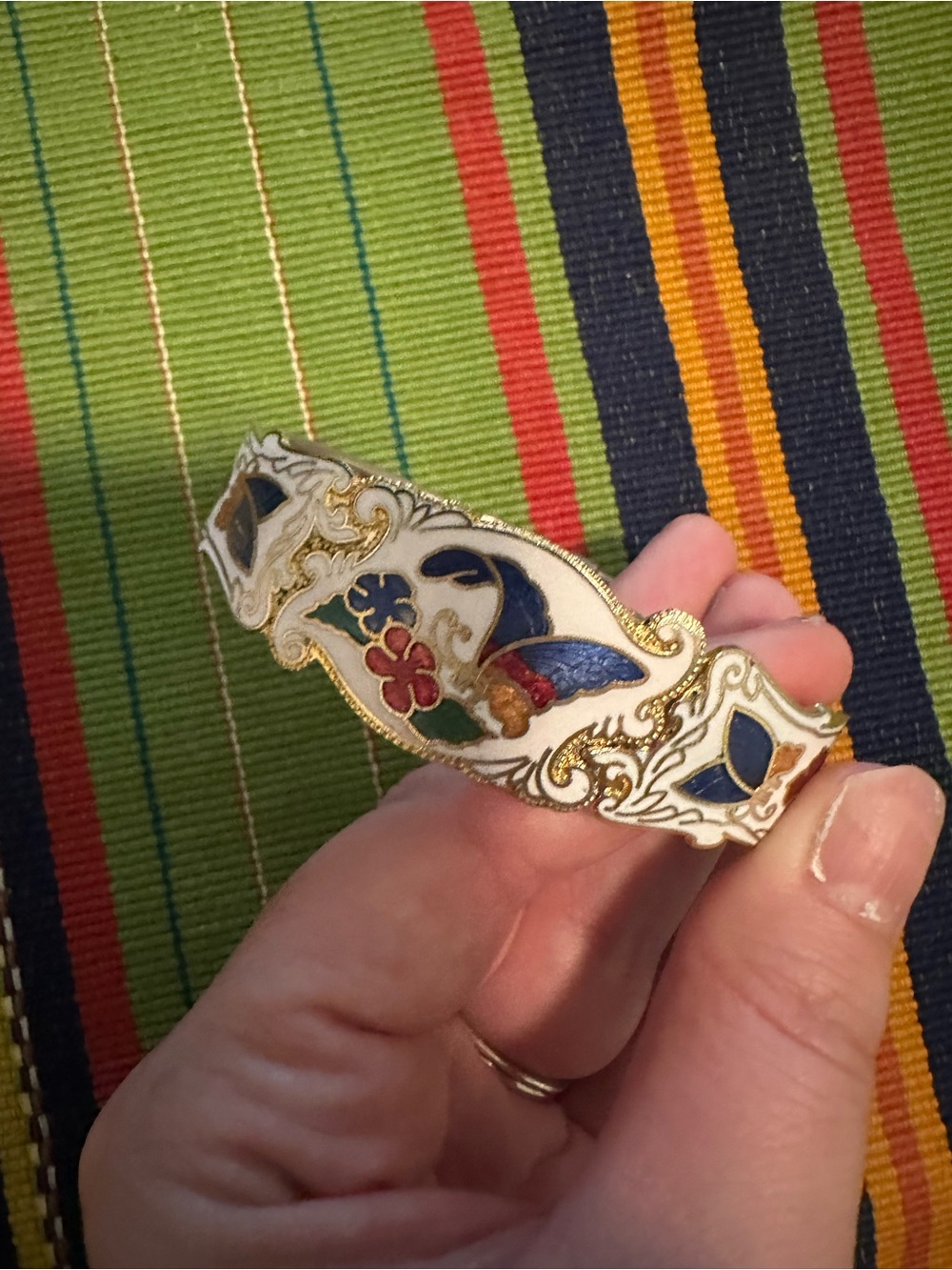 Hand-Painted Floral Cloisonné Bracelet 80s White with Blue, Red & Green Accents